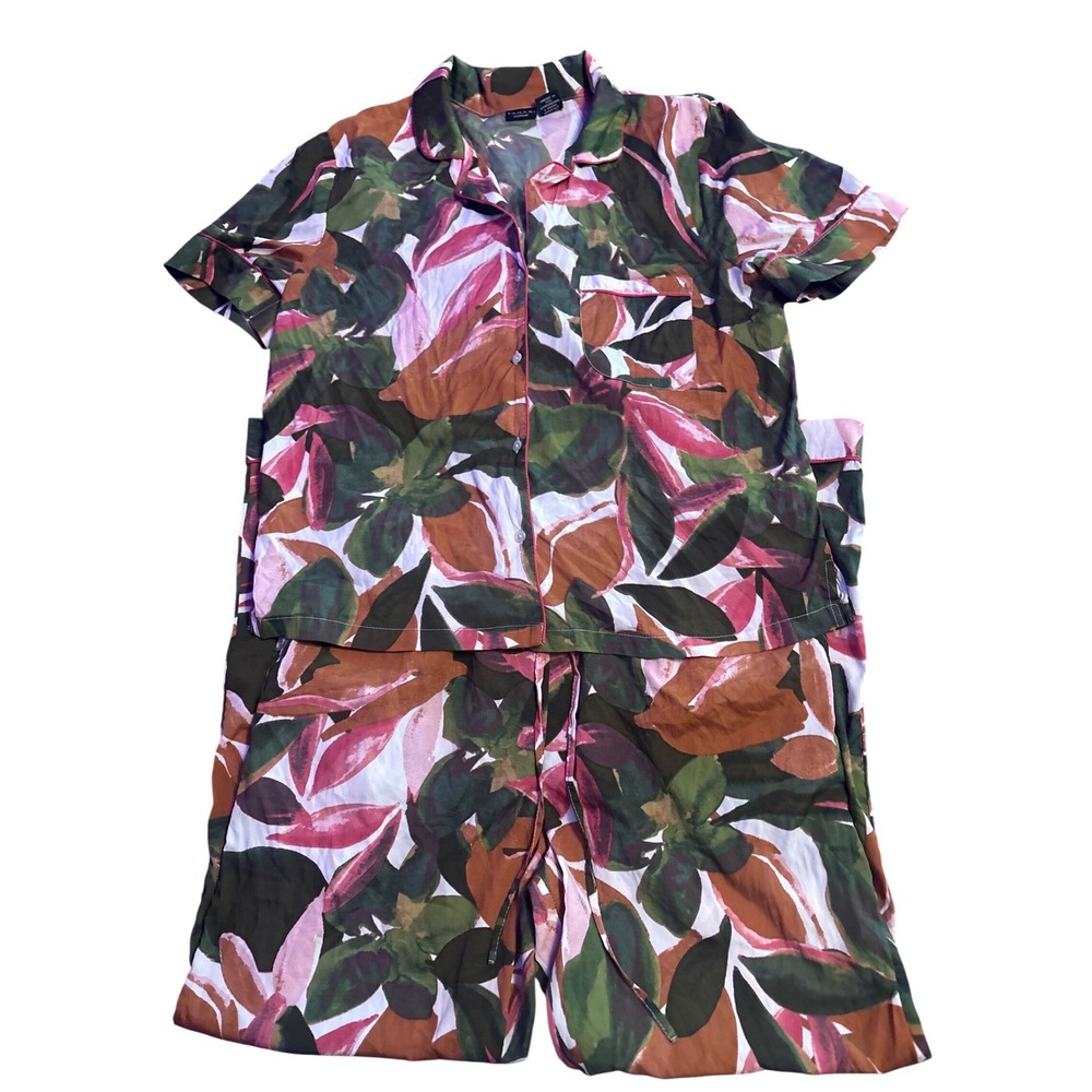 Tahari Sleepwear Floral Botanical Pajama Set Button Up Pants Pockets L